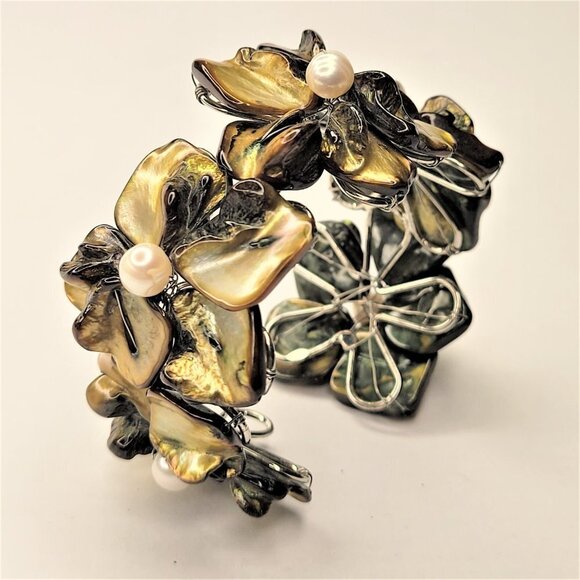 Olive Green Cuff Pearl Adjustable Cuff Bangle Bracelet- NEW - Picture 3 of 10